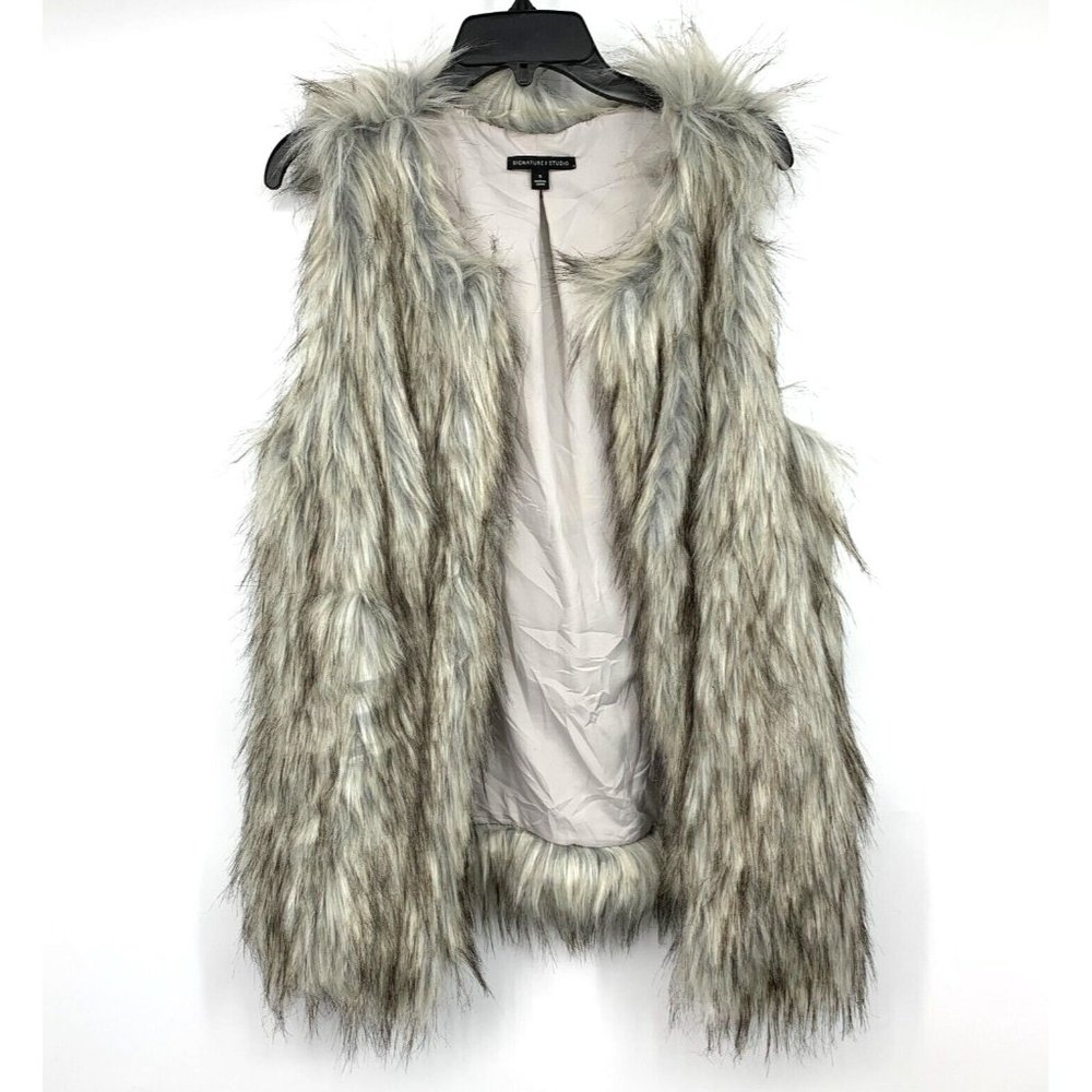 Signature Studio Vest Faux Fur Sleeveless Lined Brown Beige NWT